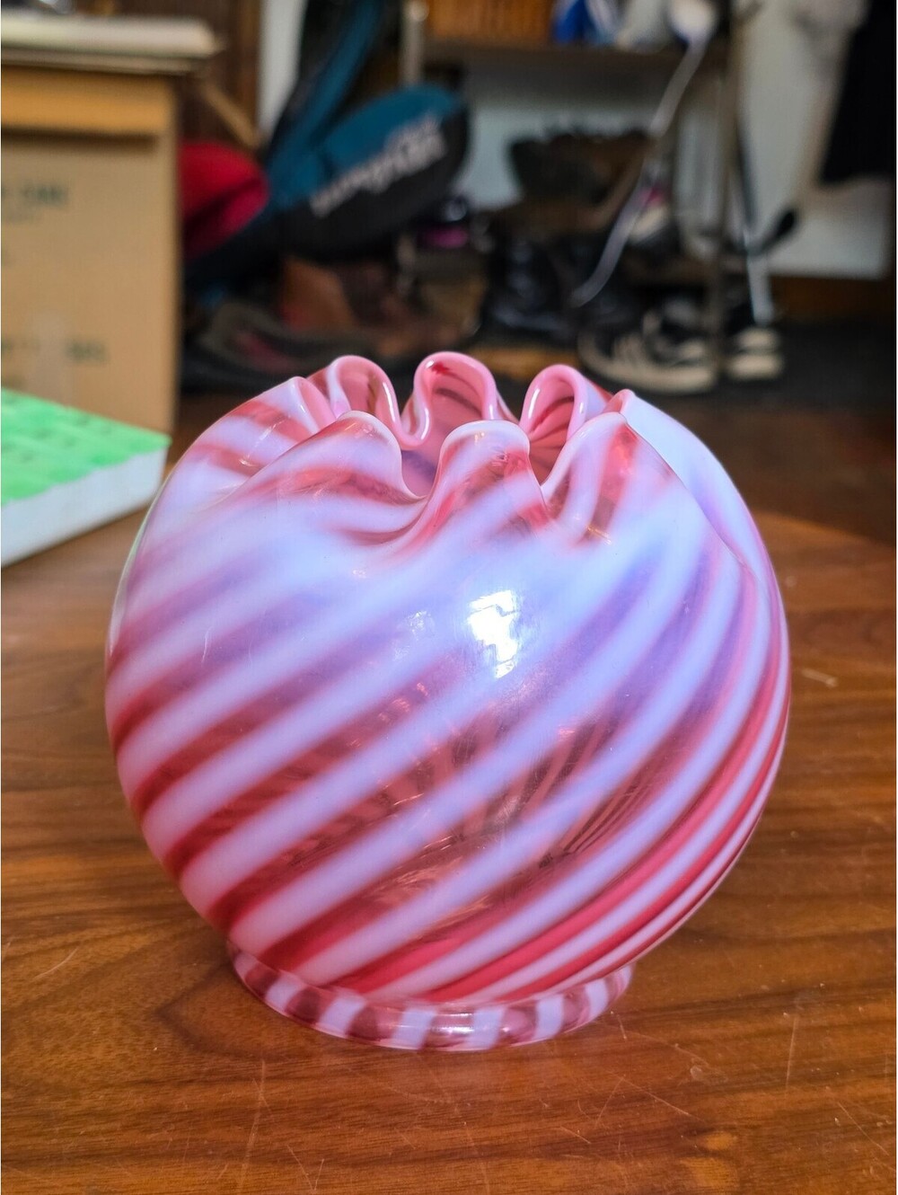 Fenton Cranberry Rose Bowl Vase, Opalescent Spiral Swirl Optic Vintage 4.5" X 5"